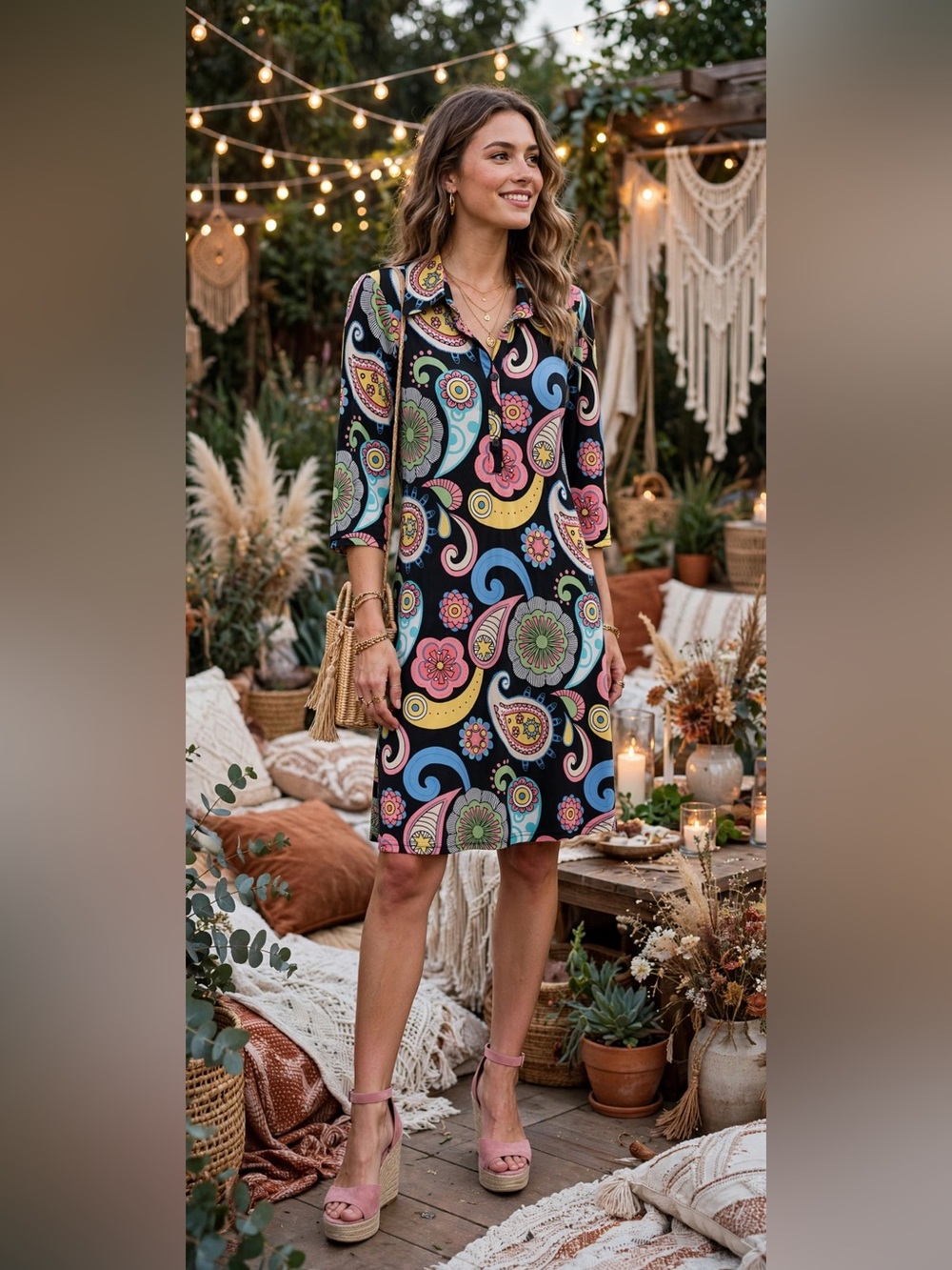 Reborn Black Paisley Floral Midi Dress with Pink, Blue & Yellow Accents Boho